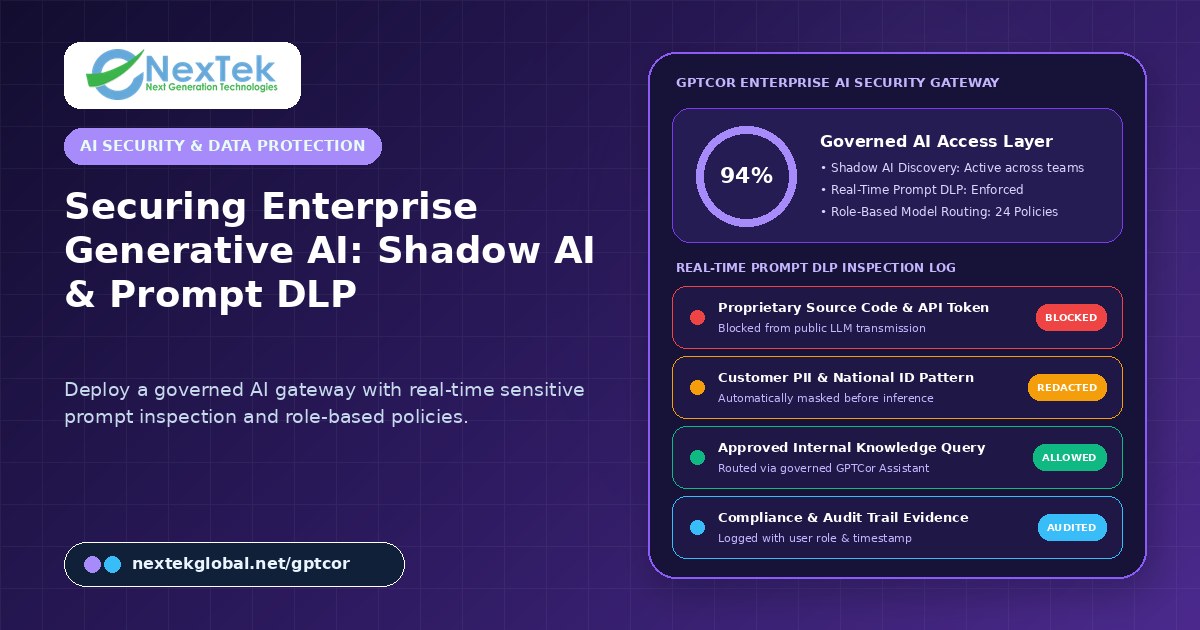 Securing Enterprise Generative AI: How to Stop Shadow AI, Enforce Prompt DLP, and Build Audit-Ready Governance with GPTCor — Shadow AI security | Nextek Global