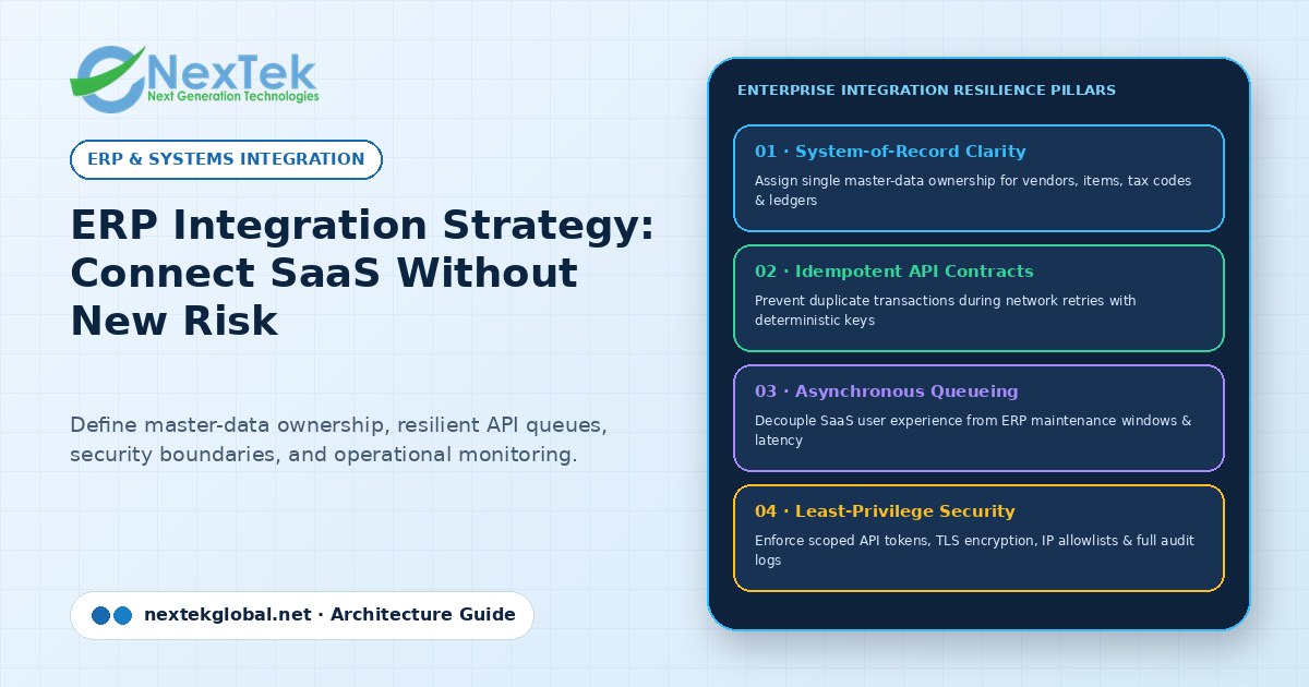 ERP Integration Strategy: Connect SaaS Without Creating New Risk — ERP integration strategy | Nextek Global
