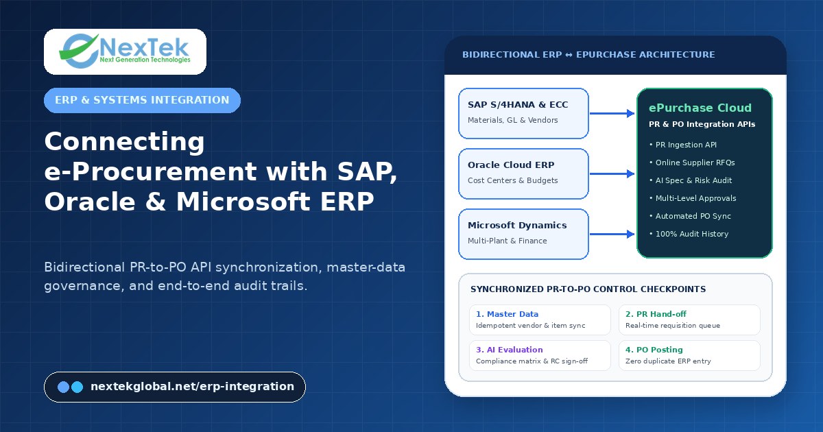 Connecting e-Procurement with SAP, Oracle, and Microsoft ERP: Architecture for PR-to-PO Synchronization and Audit Trails — Procurement automation software | Nextek Global